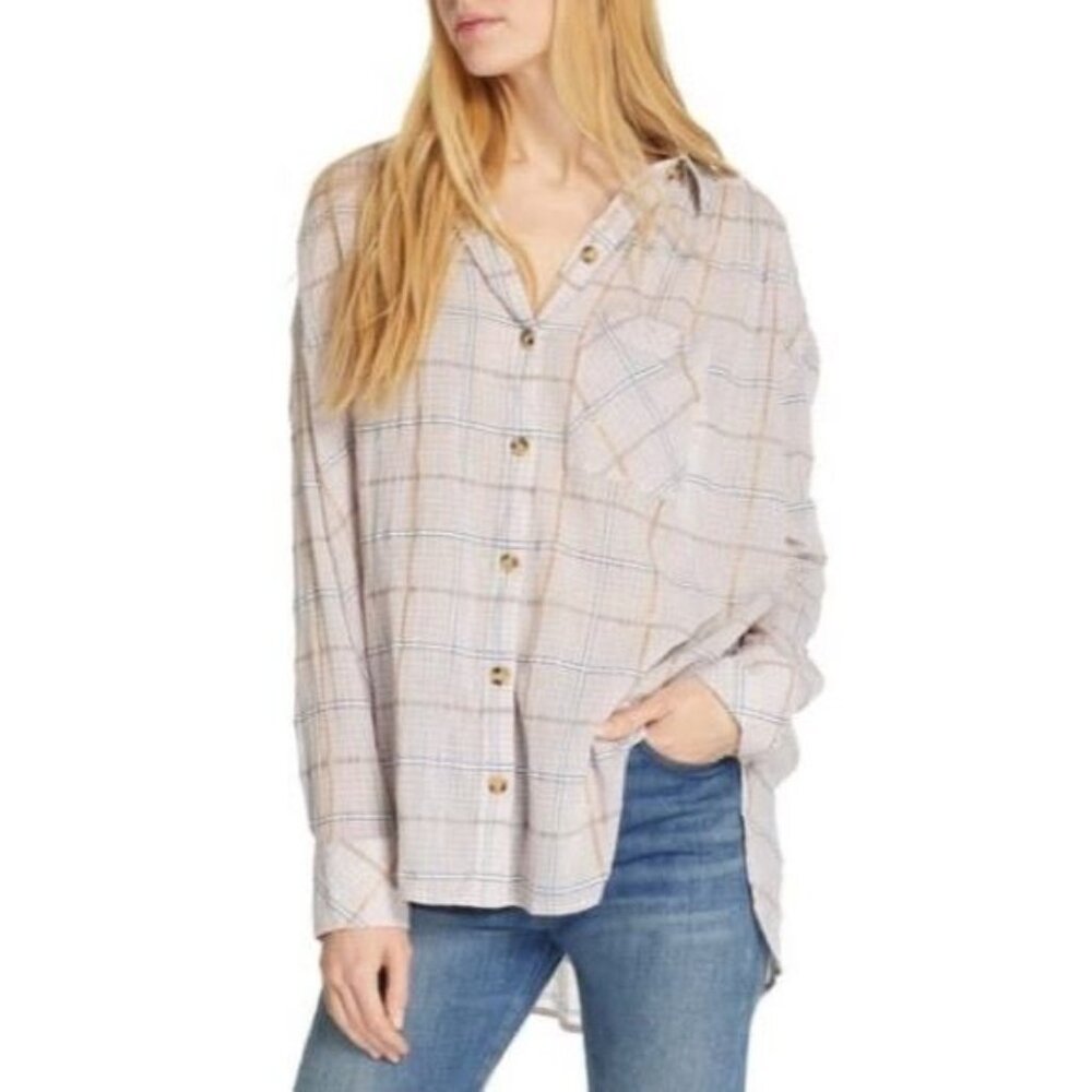Free People Break My Stripe Pink Oversized Plaid Button Down Top - Picture 4 of 6
